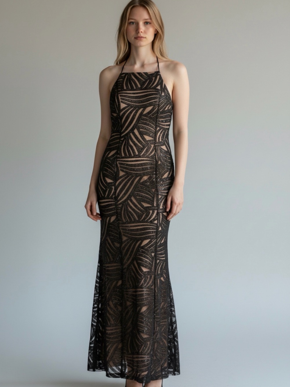 Black Halter Lace Prom Dress with Nude Underlay